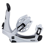 Fix Peak Snowboard Binding - White snowboard bindings with black buckles and straps.