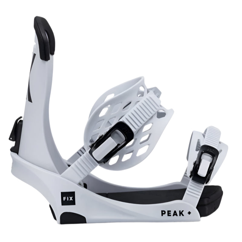 Fix Peak Snowboard Binding - White snowboard bindings with black buckles and straps.