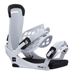 Fix Peak Snowboard Binding - White snowboard bindings with black buckles and straps.