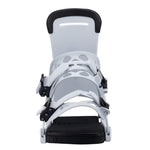 Fix Peak Snowboard Binding 2025 - A white snowboard binding with black buckles and straps, featuring a sleek design with cutouts on the top plate.