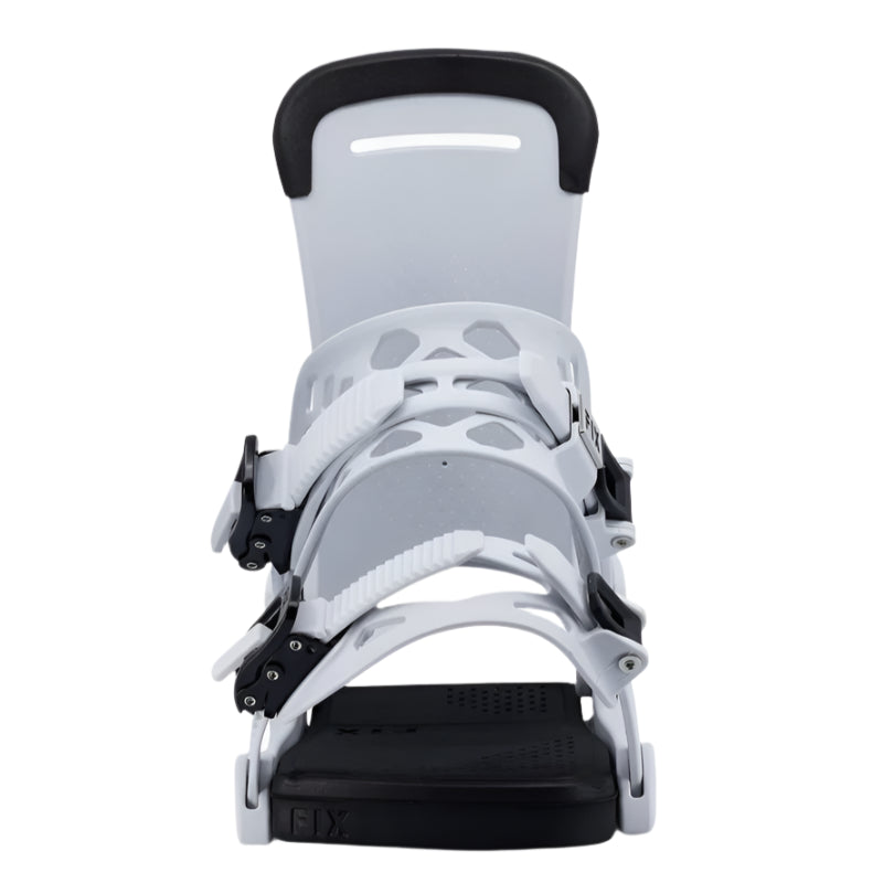 Fix Peak Snowboard Binding 2025 - A white snowboard binding with black buckles and straps, featuring a sleek design with cutouts on the top plate.