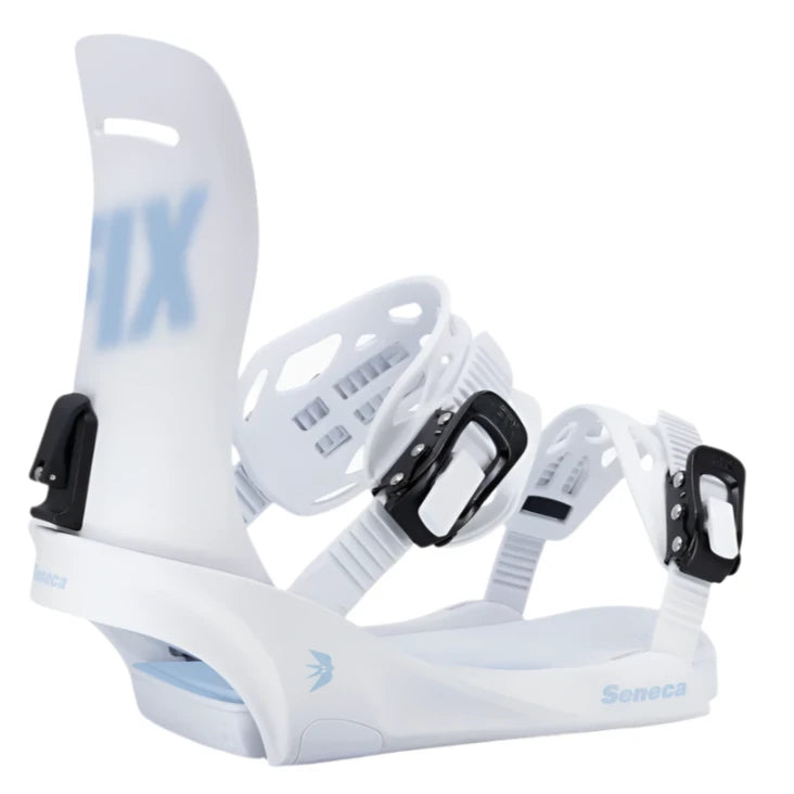 Fix Women's Seneca Snowboard Binding - A white snowboard binding with a blue logo on the strap and a black buckle.