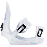 Fix Women's Seneca Snowboard Binding - A white snowboard binding with a black buckle and strap, featuring a blue logo on the side.