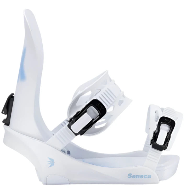 Fix Women's Seneca Snowboard Binding - A white snowboard binding with a black buckle and strap, featuring a blue logo on the side.
