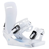 Fix Women's Seneca Snowboard Binding - A white snowboard binding with black buckles and straps, featuring a blue logo on the side.
