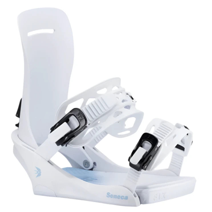 Fix Women's Seneca Snowboard Binding - A white snowboard binding with black buckles and straps, featuring a blue logo on the side.