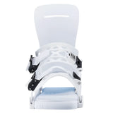 Fix Women's Seneca Snowboard Binding - A white snowboard binding with black buckles and straps, featuring a distinctive heart-shaped cutout on the top strap.