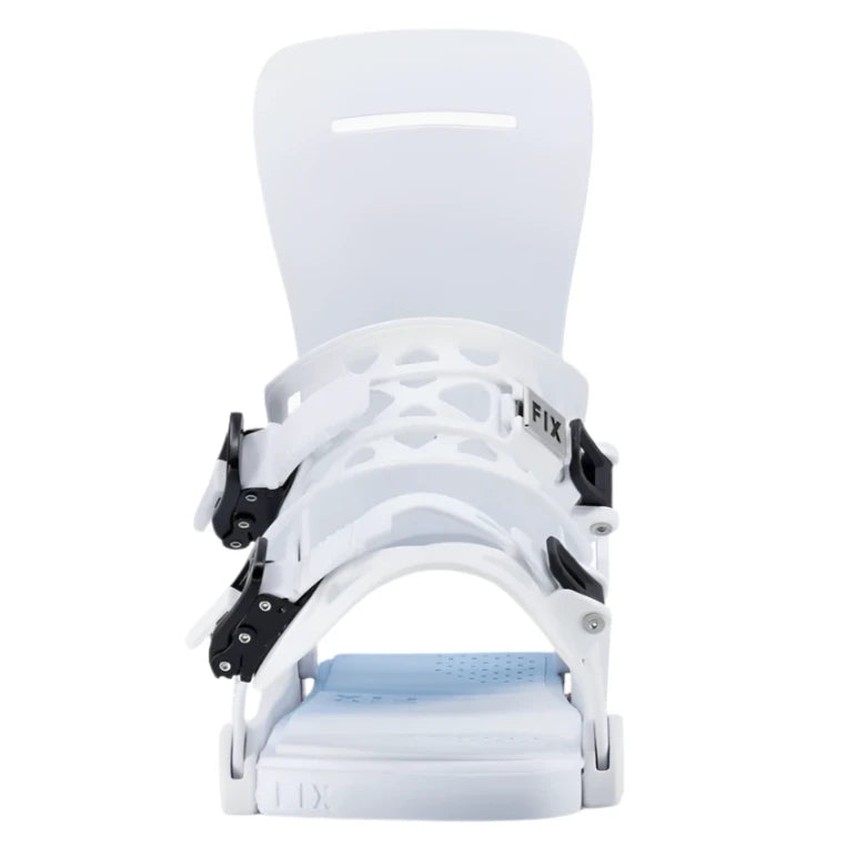 Fix Women's Seneca Snowboard Binding - A white snowboard binding with black buckles and straps, featuring a distinctive heart-shaped cutout on the top strap.