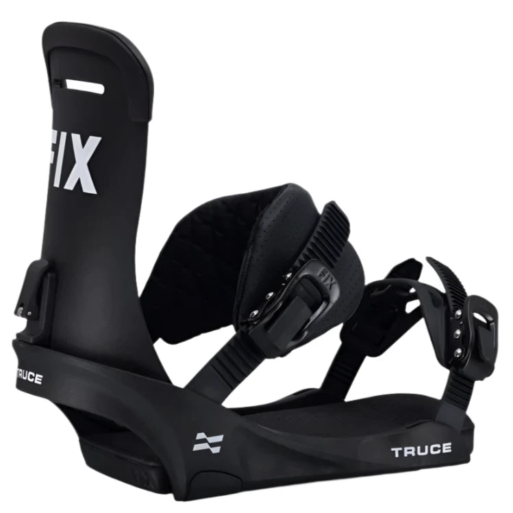 Fix Truce Snowboard Binding 2025 - Black snowboard bindings with white lettering and logo on top of left binding.