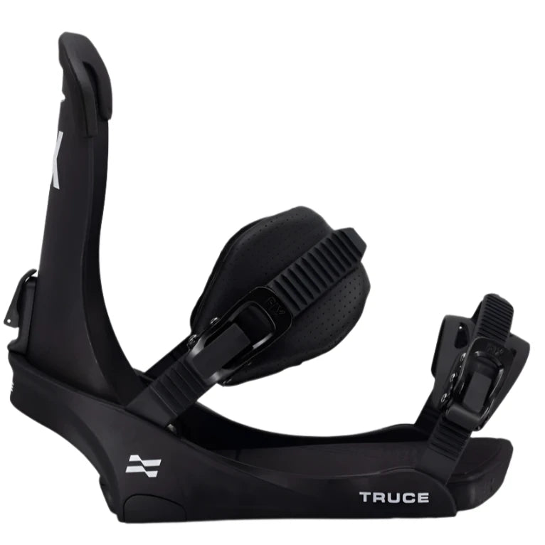 Fix Truce Snowboard Binding 2025 - Black snowboard binding with white logo on top of left foot strap.