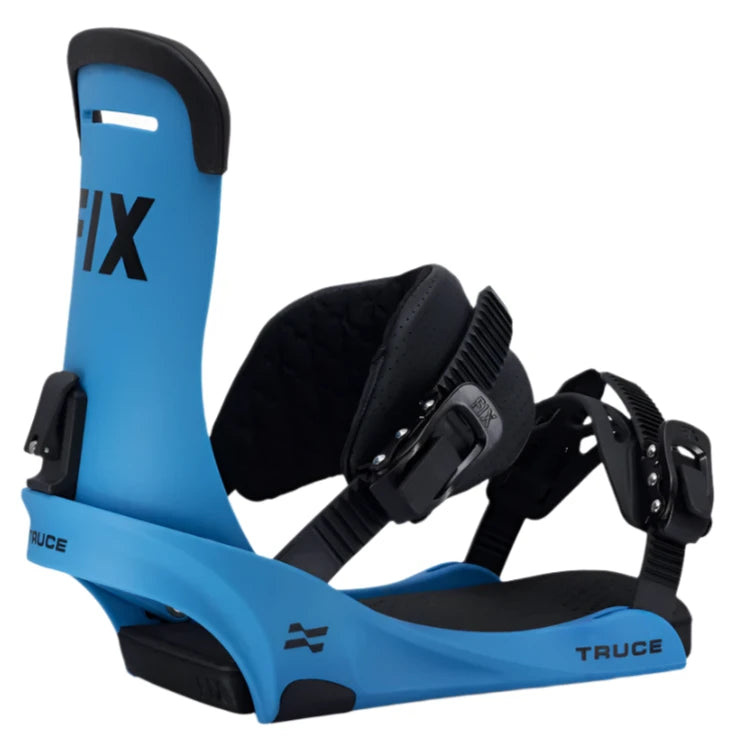 Fix Truce Snowboard Binding - A blue snowboard binding with black buckles and straps, featuring a sleek design with a prominent "FIX" logo on the top of the boot.