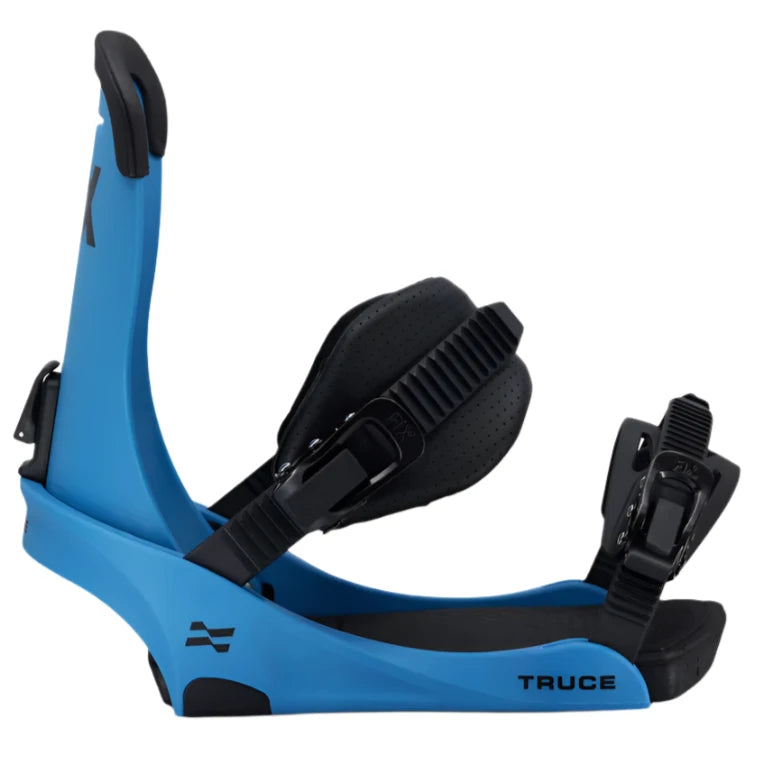 Fix Truce Snowboard Binding 2025 - A blue snowboard binding with black buckles and straps.