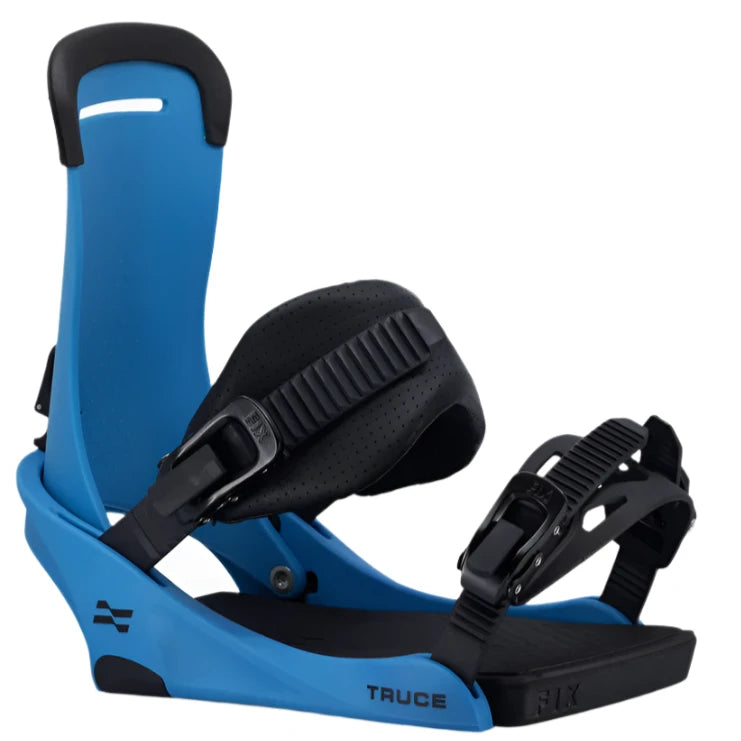 Fix Truce Snowboard Binding 2025 - A blue snowboard binding with black buckles and straps.