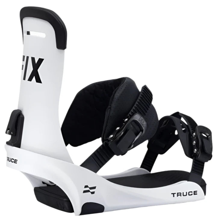 Fix Truce Snowboard Binding 2025 - A white snowboard binding with black accents and a black strap.