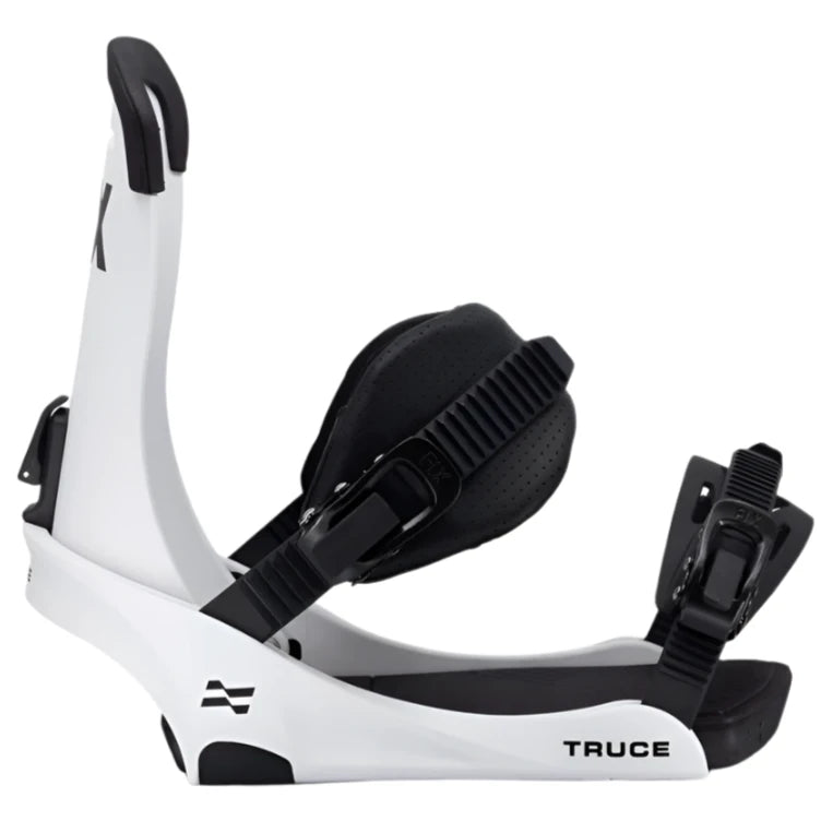 Fix Truce Snowboard Binding 2025 - A white snowboard binding with black buckles and straps.