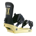 Fix Women's January Snowboard Binding 2024 - A black snowboard binding with a yellow base and "FIX" in gold lettering on the high boot.