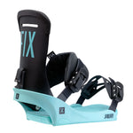 Fix Women's January Snowboard Binding 2024 - A black snowboard binding with a light blue base and straps, featuring the word "FIX" in large teal letters on the highback.