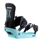 Fix Women's January Snowboard Binding 2024 - A black snowboard binding with a light blue base and straps, featuring the word "FIX" in large teal letters on the highback.