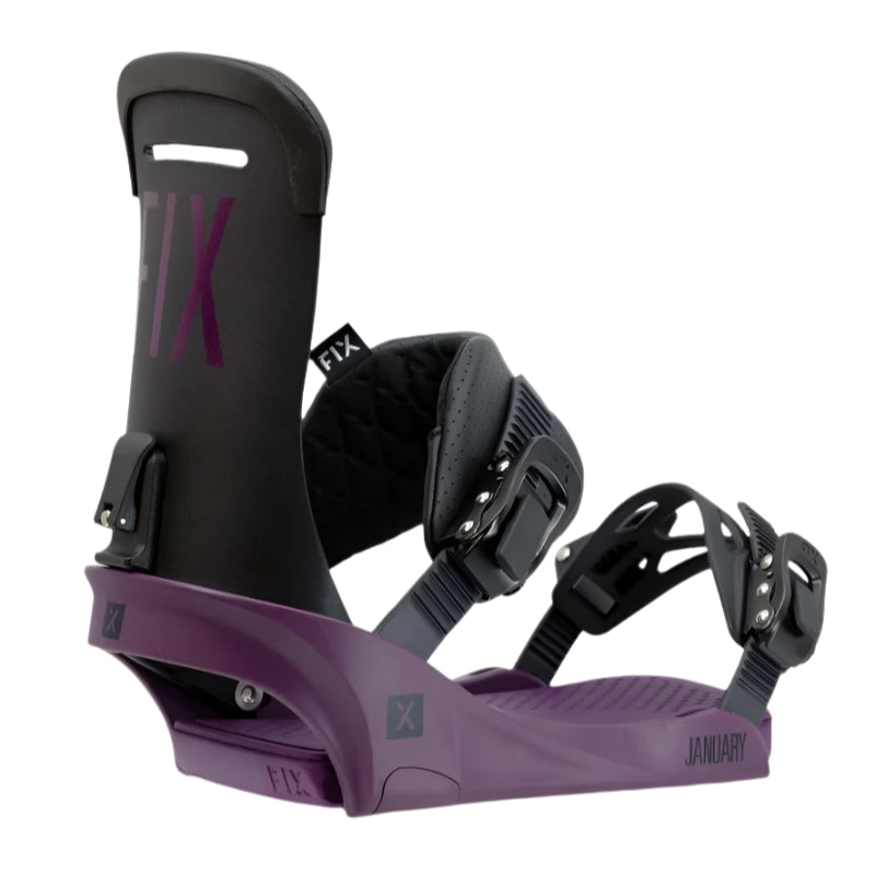 Fix Women's January Snowboard Binding 2024 - A black snowboard binding with a purple base and straps, featuring the word "January" in small letters on the side.