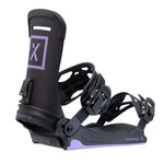 Fix Women's Opus Snowboard Binding 2024 - Black snowboard binding with purple accents and a white logo on top of the strap.