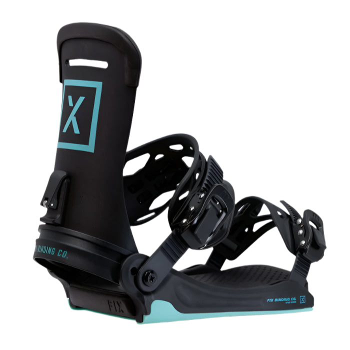 Fix Women's Opus Snowboard Binding 2024 - Black snowboard binding with a teal logo on the high-top strap.