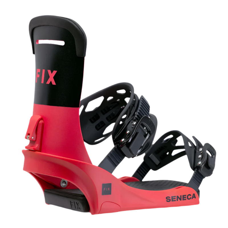 Fix Women's Seneca Snowboard Binding 2024 - A black and red snowboard binding with a distinctive "FIX" logo on the high-top boot.