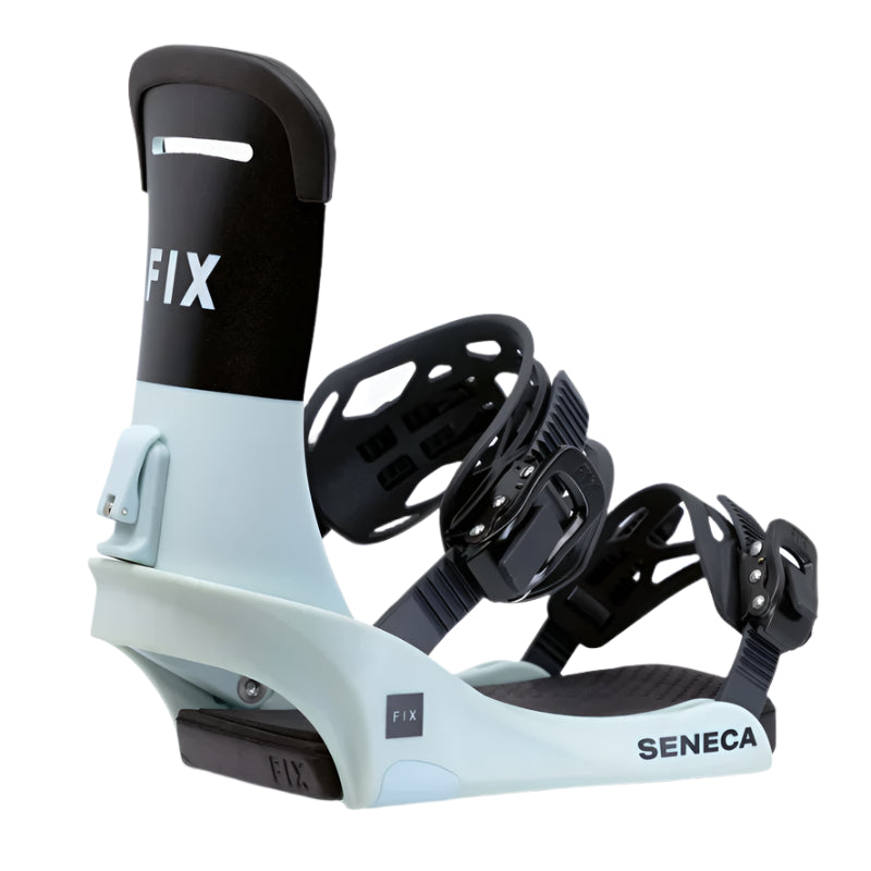 Fix Women's Seneca Snowboard Binding 2024 - A black and white snowboard binding with a sleek, modern design.