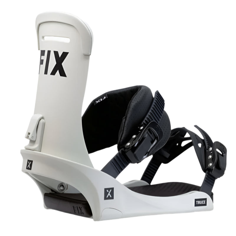 Fix Truce Snowboard Binding 2024 - A white snowboard binding with black straps and buckles, featuring a sleek design with silver screws.