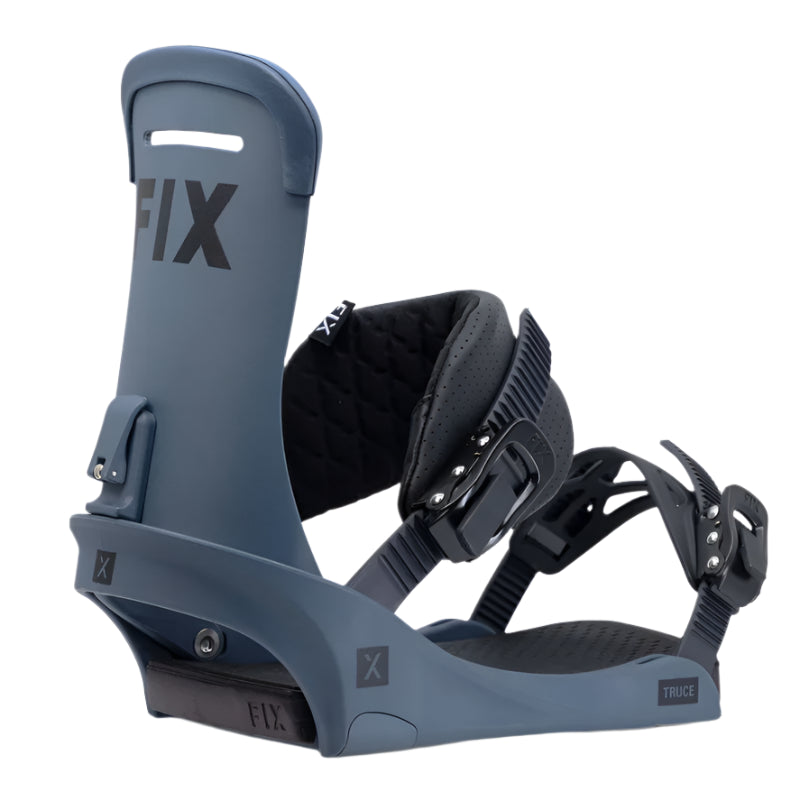 Fix Truce Snowboard Binding 2024 - A dark gray snowboard binding with a black strap and silver screws.