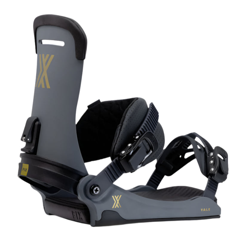 Fix Yale Snowboard Binding 2024 - A dark gray snowboard binding with a black strap and buckle.