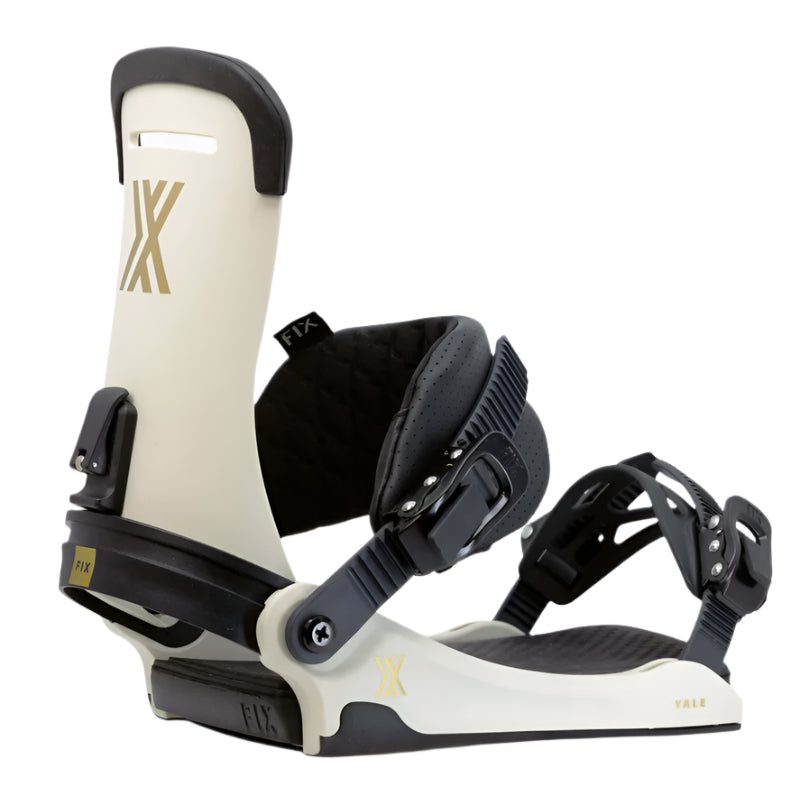 Fix Yale Snowboard Binding 2024 - A white snowboard binding with a black strap and buckle, featuring a gold "FIX" logo on the side.