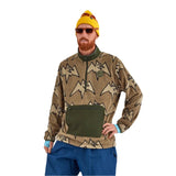 Airblaster Fleece Half Zip 2025 - A tan fleece half-zip sweater with a green zipper and collar, featuring a repeating pattern of outlined mountain peaks in black.