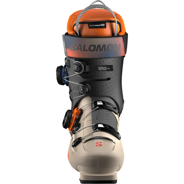 Salomon S/Pro Supra Dual BOA 120 - Black and gray boot with orange accents, featuring a black strap with white lettering that reads "BOA" on the side.