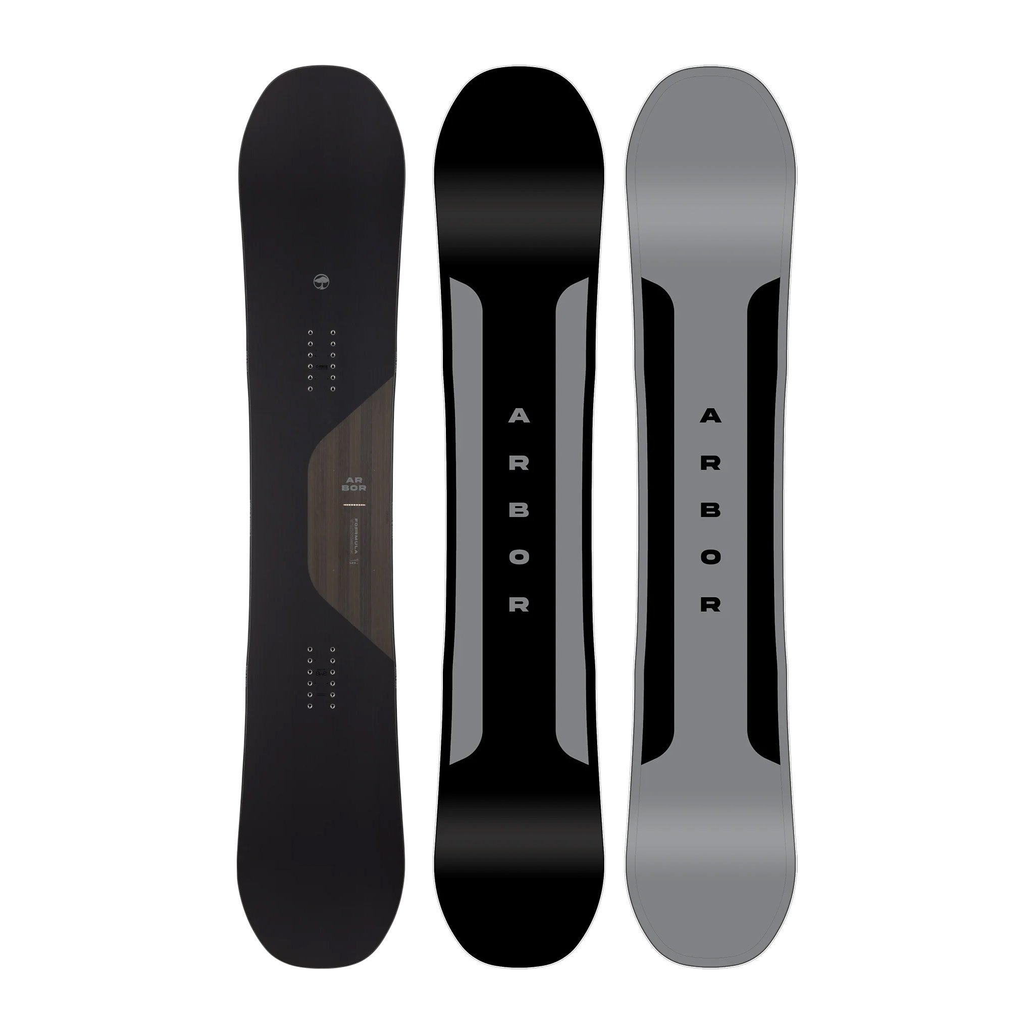 Arbor Formula Camber Snowboard 2025 - A black snowboard with a wood grain pattern on the top sheet, featuring white lettering and a small circular logo at the top.