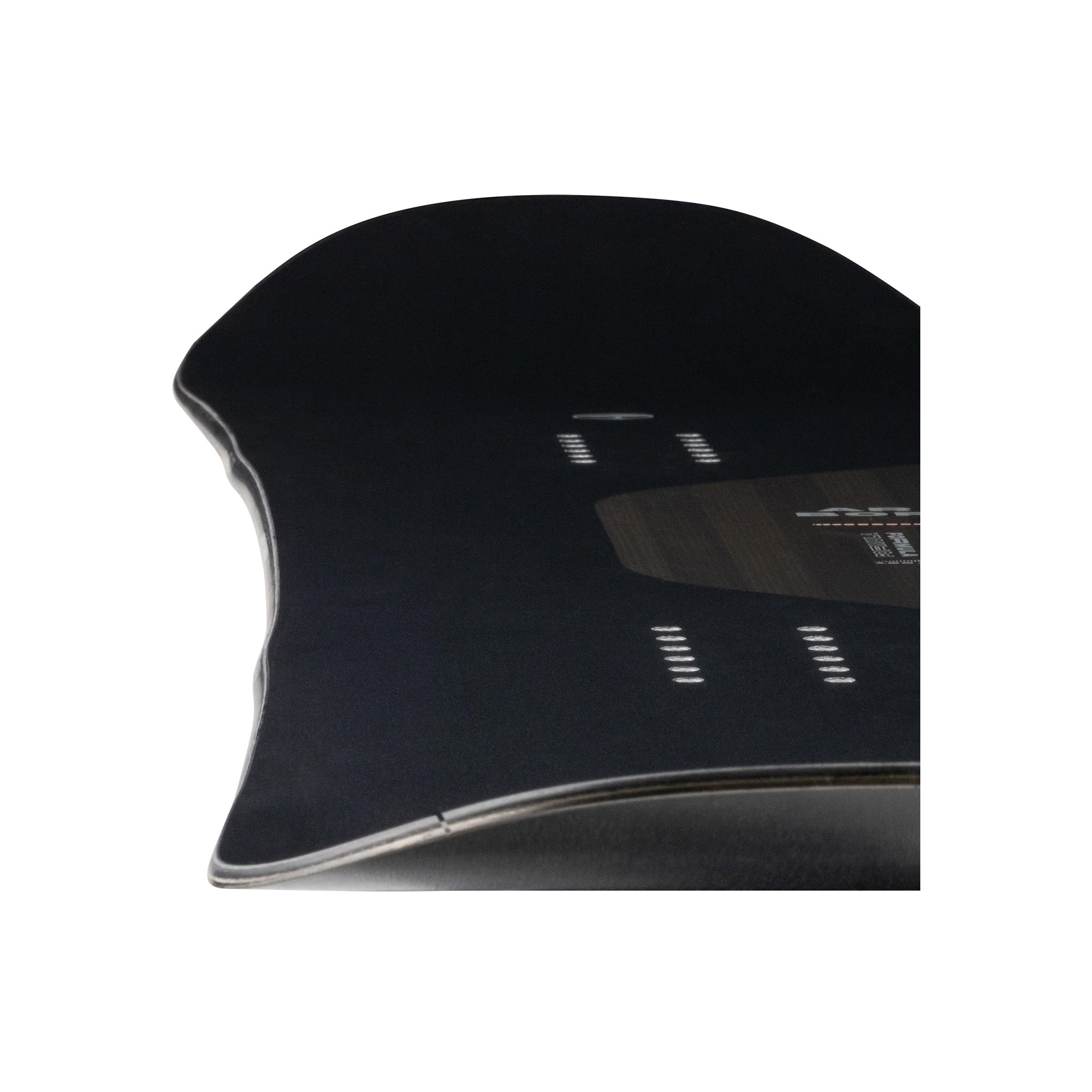 Arbor Formula Camber Snowboard 2025 - A black snowboard with a brown graphic on top of it, featuring white lettering and a brown stripe at the bottom.