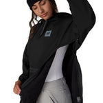 Women's black waterproof hoodie with adjustable hood and logo patch, long sleeves