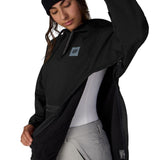Women's black waterproof hoodie with adjustable hood and logo patch, long sleeves