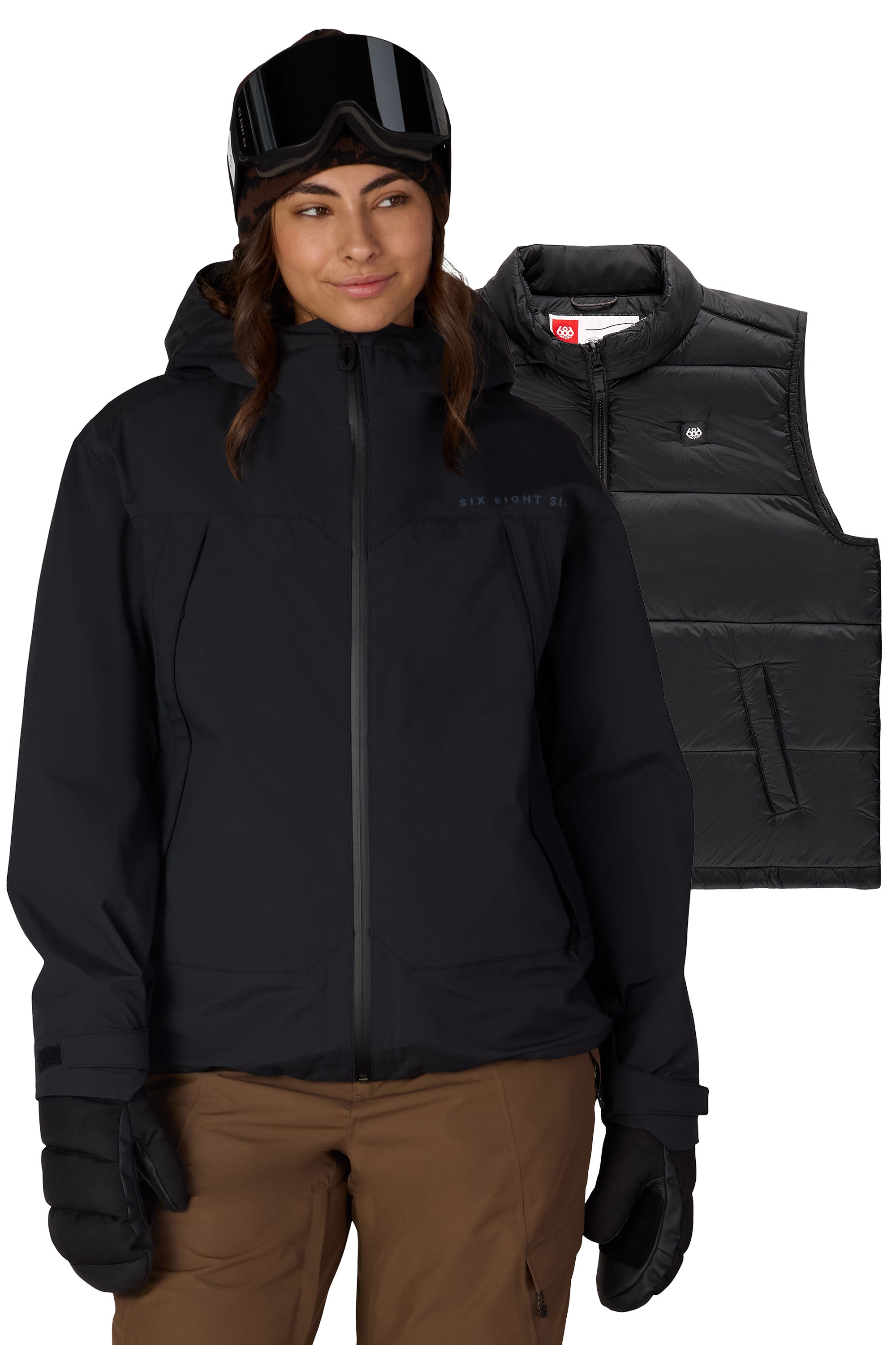 Women’s black 3-in-1 jacket with hood; includes separate quilted vest layer