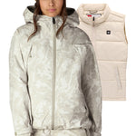 Women’s beige camo 3L jacket with hood; shown with matching beige quilted vest
