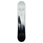 CAPITA Mega Mercury Snowboard 2025 - A white snowboard with a black and gray graphic of a mountain range on the bottom half, featuring a distinctive logo in the center.