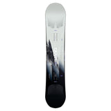 CAPITA Mega Mercury Snowboard 2025 - A white snowboard with a black and gray graphic of a mountain range on the bottom half, featuring a distinctive logo in the center.