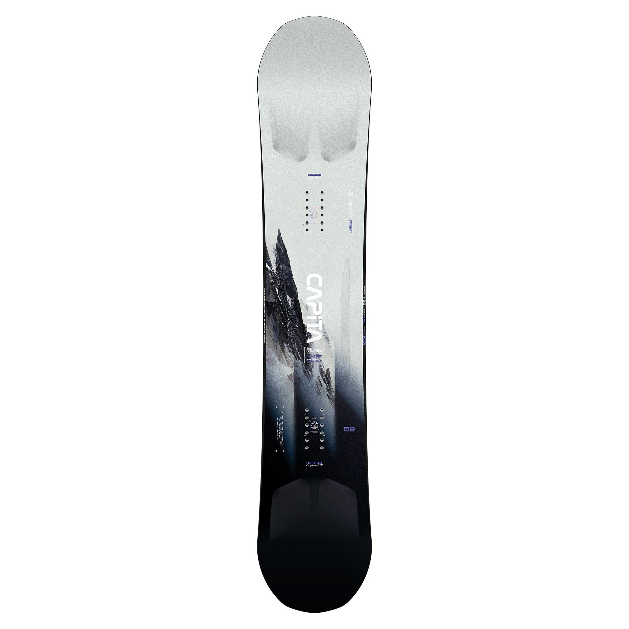 CAPiTA Mega Mercury Snowboard 2025 - A white snowboard with a black and gray mountain graphic on the bottom half.