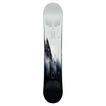 CAPiTA Mega Mercury Snowboard 2025 - A white snowboard with a black and gray abstract design on its bottom.