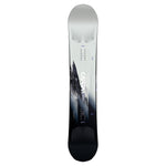 CAPiTA Mega Mercury Snowboard 2025 - A white snowboard with a black and gray mountain graphic on the bottom half, featuring a distinctive logo at the top of the graphic.