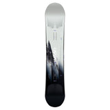 CAPiTA Mega Mercury Snowboard 2025 - A white snowboard with a black and gray mountain graphic on the bottom half, featuring a distinctive logo at the top of the graphic.