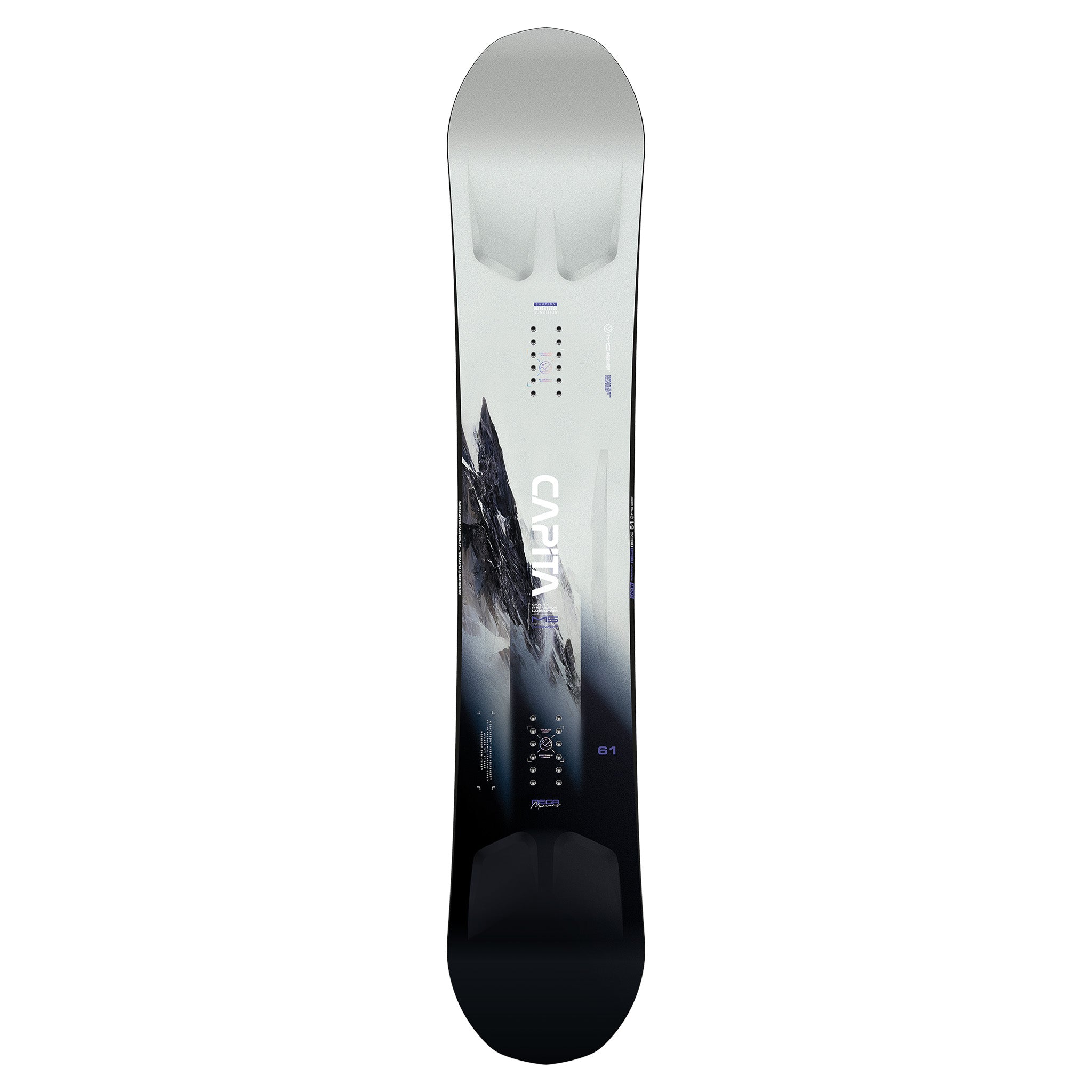 CAPiTA Mega Mercury Snowboard 2025 - A white snowboard with a black and gray mountain graphic on the bottom half, featuring a distinctive logo at the top of the graphic.