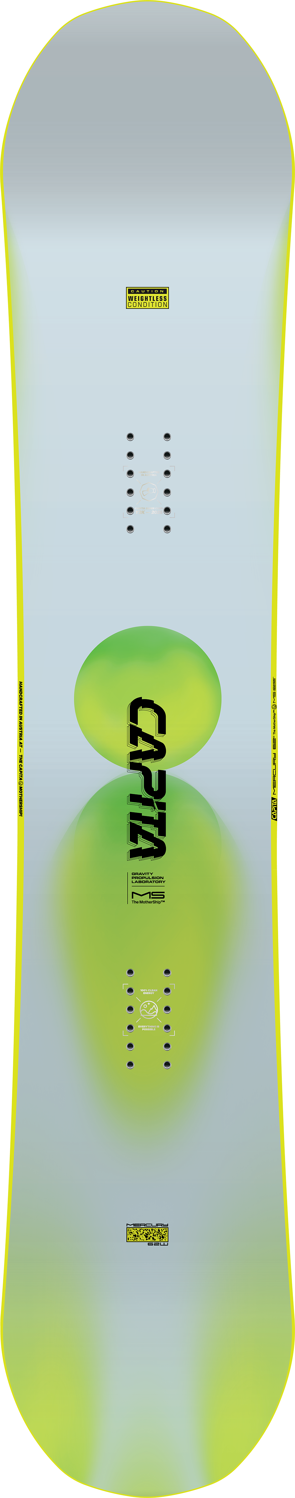 CAPITA Mercury Snowboard 2026 - White snowboard with black binding mounts and yellow accents on top sheet.