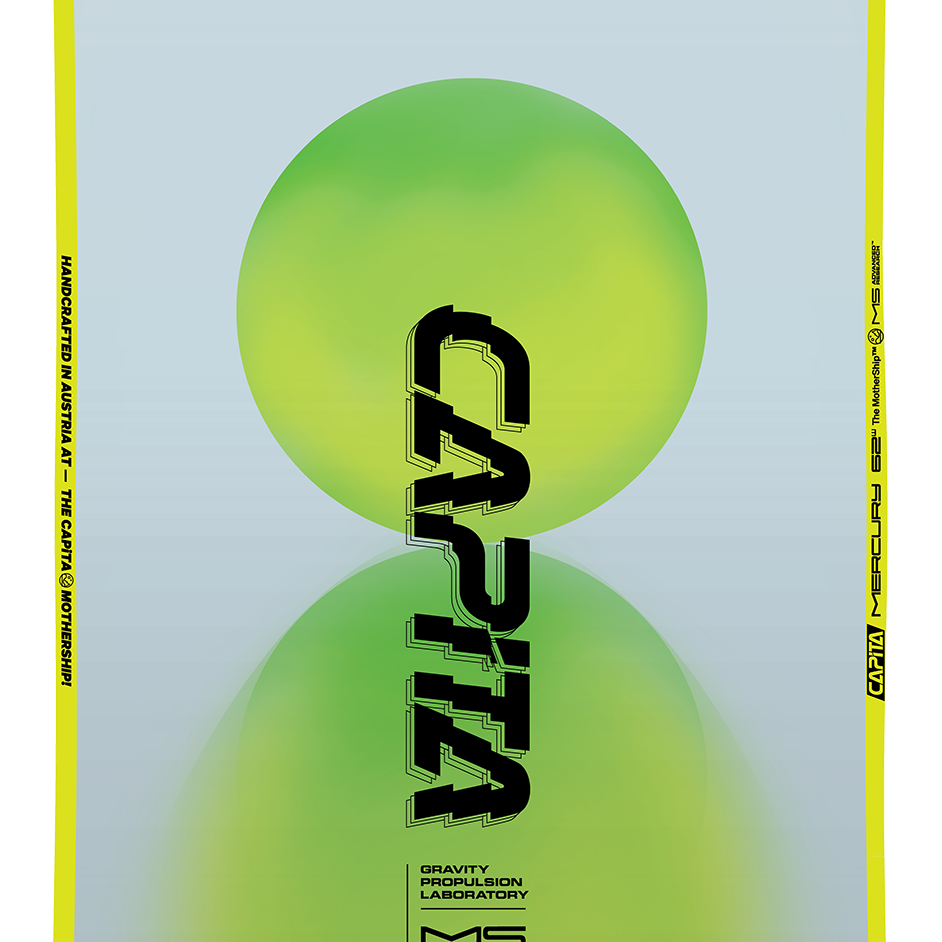 CAPITA Mercury Snowboard 2026 - White snowboard with black binding mounts and yellow accents on top sheet.
