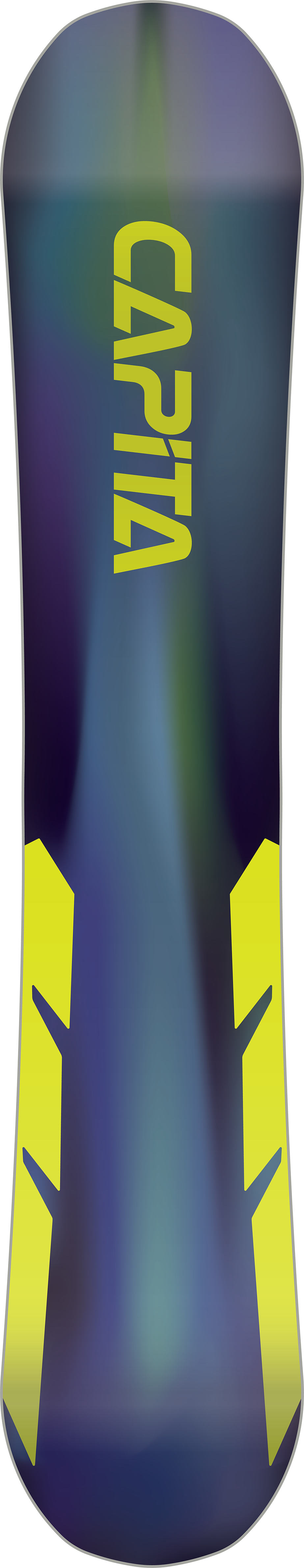 CAPiTA Mercury Snowboard 2026 - A navy blue snowboard with a green and purple gradient design on top of it.