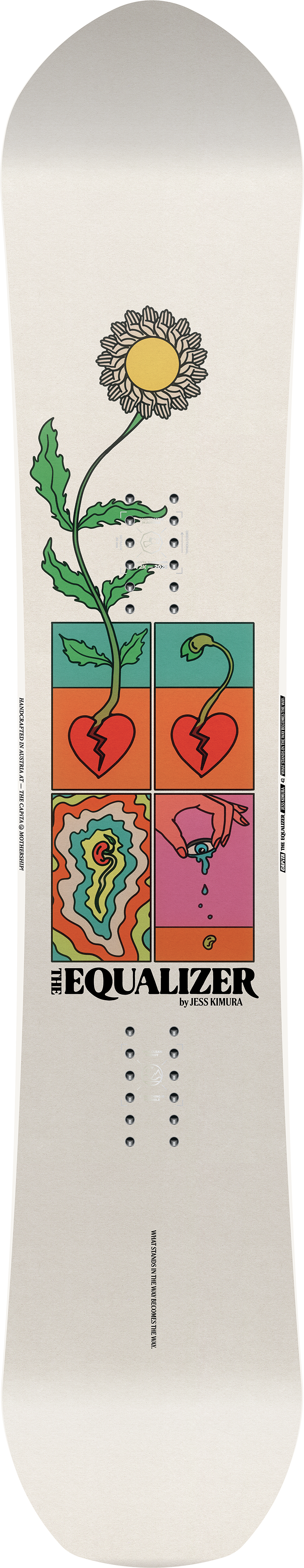 CAPiTA Women's The Equalizer Snowboard 2026 - A snowboard with a white base and black lettering, featuring a stylized illustration of a woman in action on the top sheet.